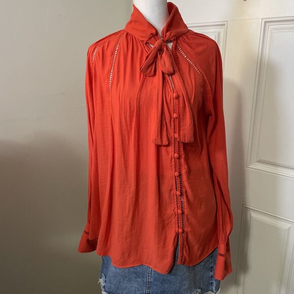 Free People Tops - Free People Red Orange Tie Neck Long Sleeve Blouse Size Medium Boho